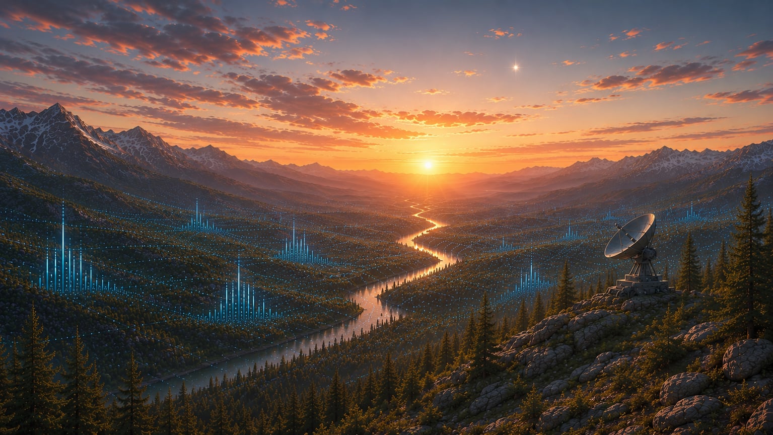 Dawn over a valley with a river and radio dish, blue signal beams rising from the forest